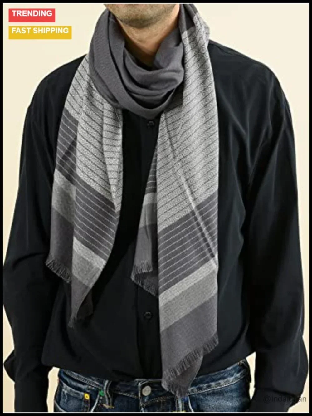 Men's Winter Cashmere Scarf Stripes Warm Soft Scarf with Tassel Luxurious